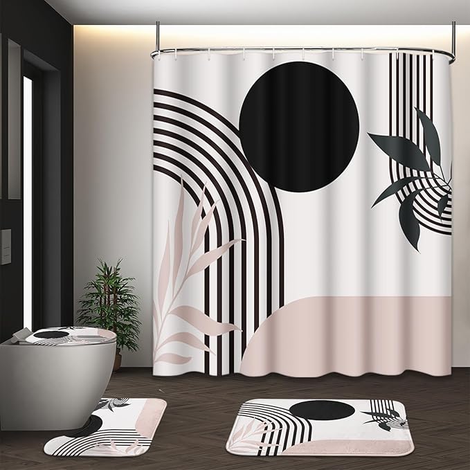 Boho Mid Century Shower Curtain Set with Toilet Lid Cover and Non-Slip Rugs, Abstract Pink Black 4 Pcs Modern Minimalist Shower Curtain for Bathroom Set with 12 Hooks
