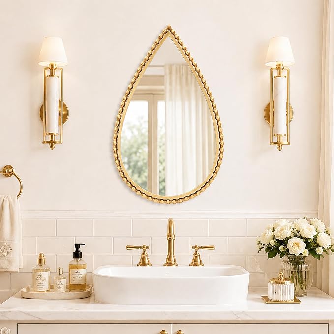 24x36 Inch Large Teardrop Wall Mirror with Bold Antique Gold Beaded Iron Metal Frame, Pointed Arch Vertical Vanity Mirror for Bathroom, Entryway, Bedroom, Living Room Wall Mounted