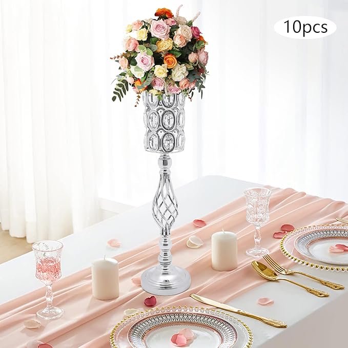 Wedding Centerpieces for Tables, 10 Pcs Vases for Centerpieces with Crystal Beads, 24in Tall Wedding Vase for Tables, Metal Flower Vase Stand with Crystal Beads(Silver)