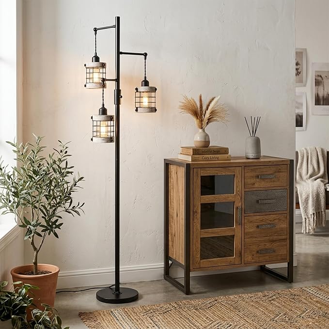 3-Lights Floor Lamp with Metal Wood Cage Lampshades, Vintage Standing Lamp for Living Room, Dimmable Tall Lamp for Bedroom, Industrial Tall Floor Lamps Rustic Corner Lamp for Reading Home Decor