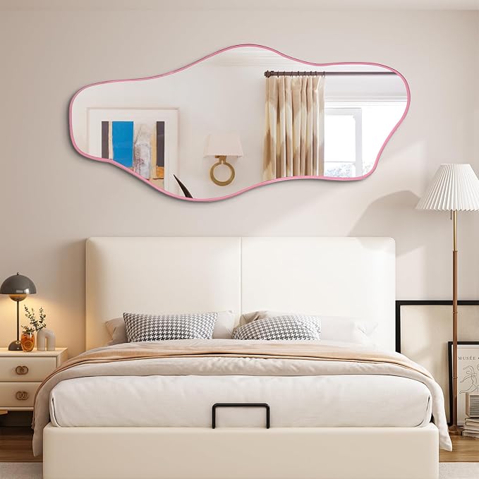 Irregular Mirror Full Length, 67"x31" Pink Asymmetrical Tempered Glass Wall Mirror, Large Organic Frameless Mirrors for Entryway Hallway Bedroom Living Room, Horizontal or Vertical Hanging