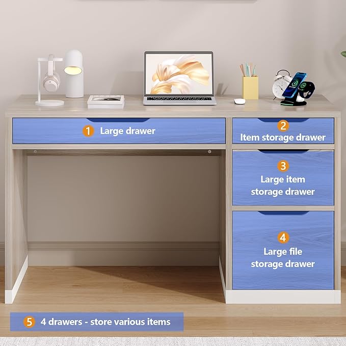 52 Inch Small Desk with Drawers, Walnut Desk with Storage, Computer Desk with Filing Cabinet，Study Desk for Kids, Bedroom
