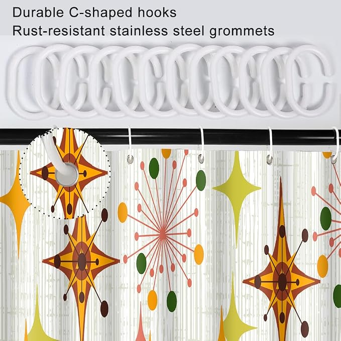 Mid Century Shower Curtain, 36x72inch, Modern Abstract Retro Green Striped Geometric Shower Curtain Sets 1950s Boho Bathroom Shower Curtain with 6 Hooks