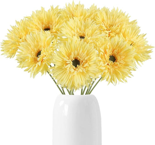 12pcs Yellow Gerbera Daisy Artificial Flowers Realistic Faux Daisies Fake Daisy Flowers for Vase Table Centerpiece Home Wedding Party Garden Decoration(Yellow)