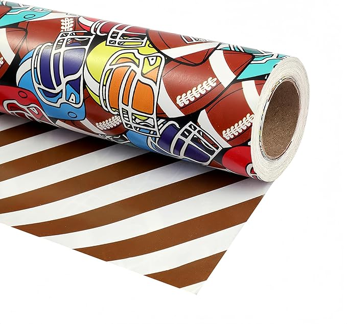 LDGOOAEL Mini Short Birthday Wrapping Paper Roll - Reversible Design (17 inches X 32.8 feet) - Football Patterns for Kids, Boys