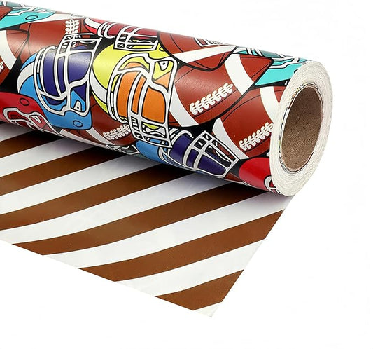 LDGOOAEL Mini Short Birthday Wrapping Paper Roll - Reversible Design (17 inches X 32.8 feet) - Football Patterns for Kids, Boys