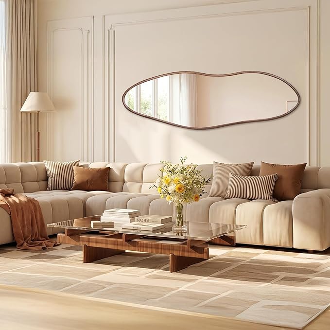 Irregular Full Length Mirror 64"x21", Cloud-Shaped Design with Rounded Oak Hardwood Frame in Black Walnut, Asymmetrical Wall Mirror for Bedroom,Living Room,Cloakroom,Horizontal/Vertical