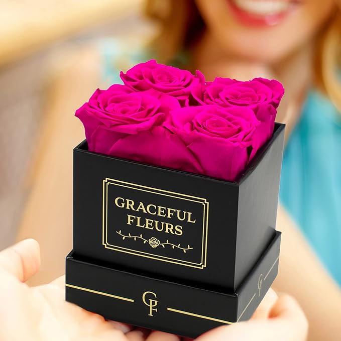 Graceful Fleurs | Real Long Lasting Roses for Years | Preserved Fresh Flowers for Delivery Birthday | Birthday Gifts for Women | Forever Roses in a Box (Radiant Pink, Black Box, 4 Roses)