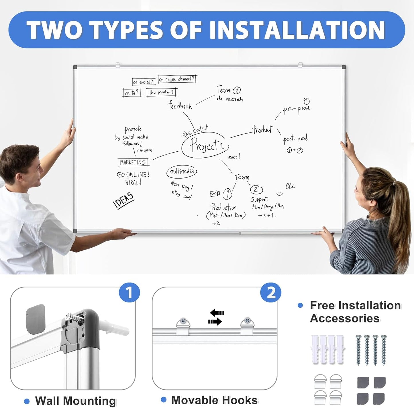 WALGLASS Double-Sided Dry Erase Board - 72" x 48" Magnetic Whiteboard with Silver Aluminium Frame for Home, School, Office