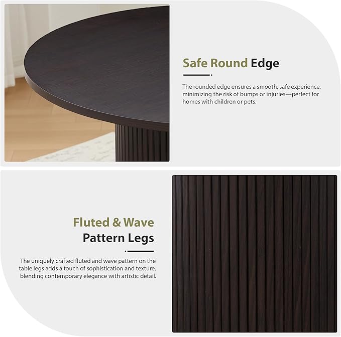 31.5" Round Dining Table for 2-4, Modern Kitchen Table with 2-Tier Storage Shelf, Small Wooden Circle Dining Tables with Fluted Base for Home Dining Room Living Room (Blackened Brown)