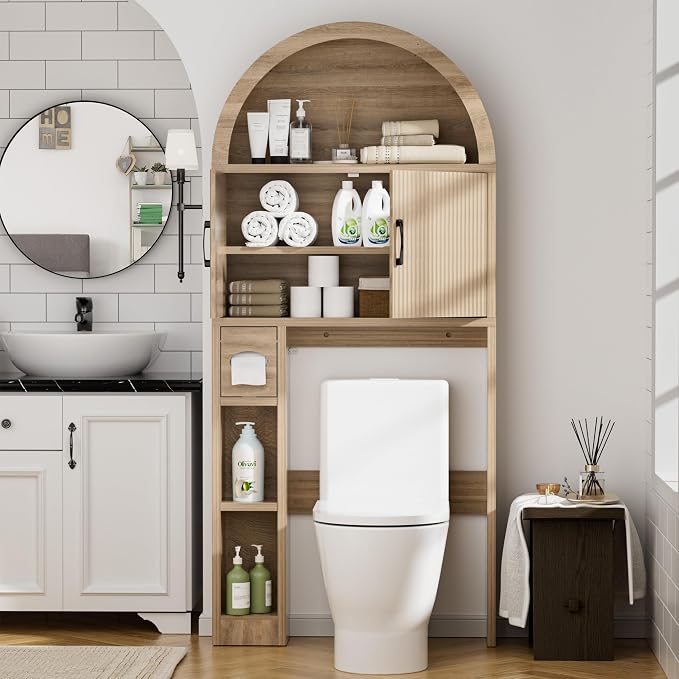 Spurgehom Over The Toilet Storage Cabinet, Bathroom Shelf Organizer Freestanding, Bathroom Arch Cabinet Over Toilet with Toilet Paper Holder and Anti-Tipping Device, Wood
