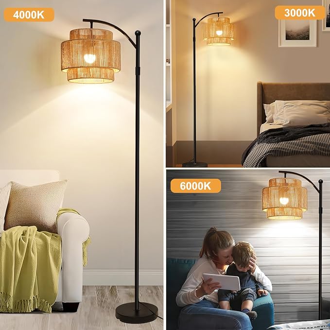 Rattan Floor Lamp with 3 Color Temperatures, Dimmable Boho Floor Lamp with Remote Control, Adjustable Height Tall Lamp for Living Room, Bedroom, Office, Wicker Standing Lamp with Foot Switch