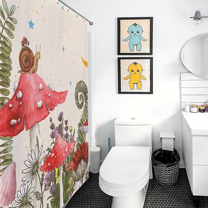 Mushroom Shower Curtain, Wild Floral Botanical Moon Star Daisy Cottagecore Nature Botanical Plants Herbs Farmhouse Waterproof Fabric Bathroom Shower Curtain Set with Hooks, 72"x84" Inch