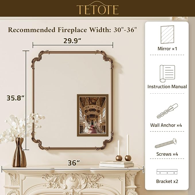 TETOTE Antique Gold Brass Rectangle Mirror for Mantle Fireplace 30 x 36 Baroque Vintage Ornate Scroll Wall Mirror with Metal Frame for Traditional Victorian French Decor, Horizontal/Vertical