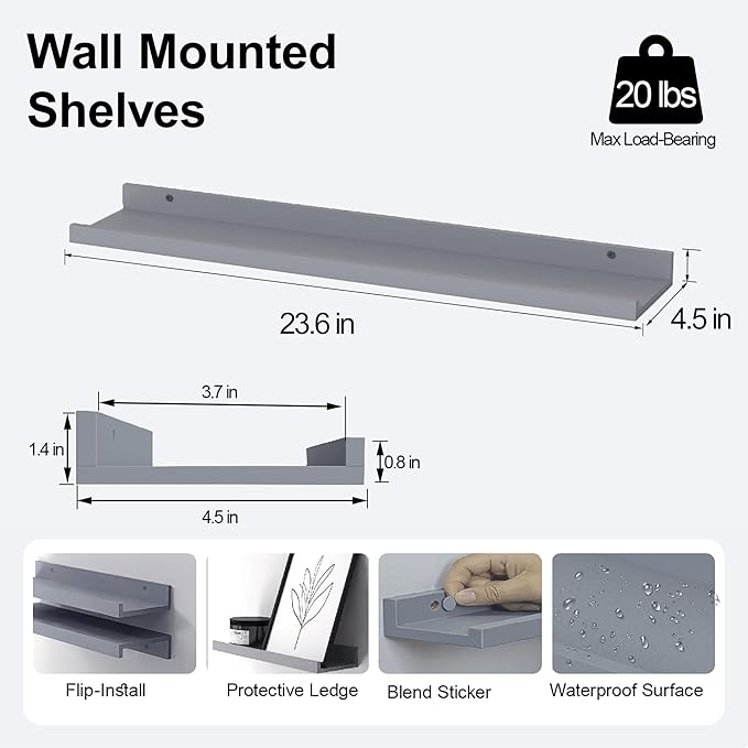 Floating Shelves for Wall Decor, Long Wall Mounted Storage Shelf for Bedroom, Living Room, Bathroom, Kitchen, Nursery, Modern Display Picture Ledge Shelf with Lip Set of 2-24 Inches, Grey