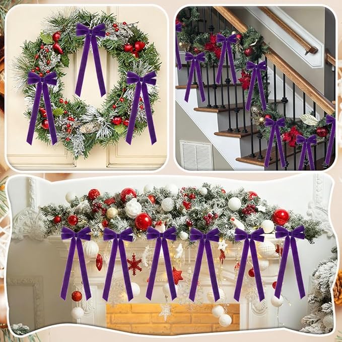 JOICEE 15Pcs Velvet Bows Christmas Tree Decorations, 5 x 12 Inch Wreath Bows Rustic Crafts Gift Ribbon Bow for Xmas Tree Topper Garland Fireplace Mantel Staircase Wedding Home Decor(Purple)