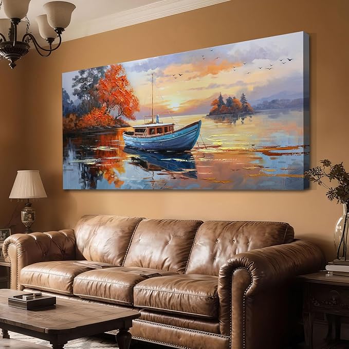 Brushart Ship Wall Art for Living Room, Large Canvas Wall Art Landscape Picture, Painting Wall Decor Textured Artwork for Walls Bedroom Home Office 58"x29"