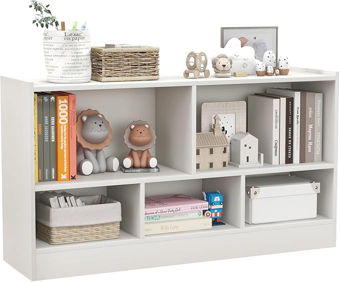 Toy Storage Organizer, 2-Tier Kids Bookshelf, 5 Cube Kids' Bookcases, Cabinets & Shelves, Wooden Toy Organizers, Small Book Shelf for Bedroom, Playroom, Classroom, Nursery (White)