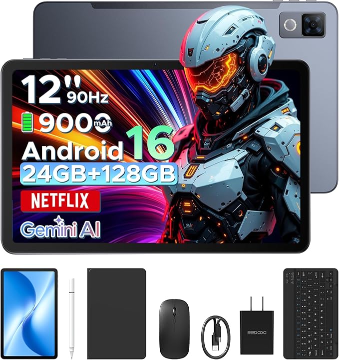 DOOGEE U12 Updated Android 16 Tablet with Keyboard,12 inch Tablet with Gemini AI,24GB+128GB/TF 2TB Octa-Core Gaming Tablets,2K 2000x1200 FHD+IPS,9000mAh/18W,13MP+8MP,Widevine L1,5G WiFi,Metal Body