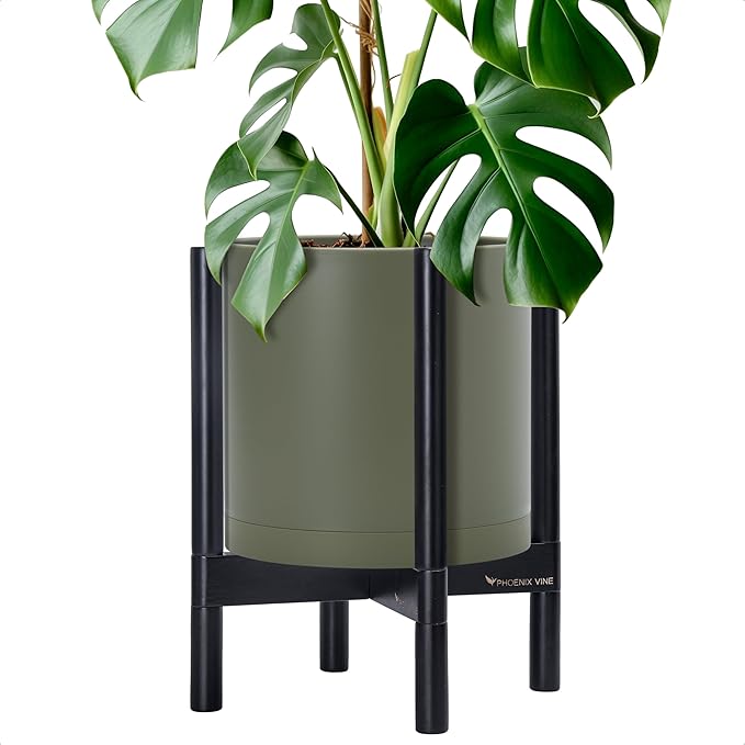 D'vine Dev Planter Pot with Stand - 12 Inch Plastic Cylinder Flower Pot with Wood Planter Holder for Indoor, Olive Pot + Ebony Stand, 55-C-Q-3