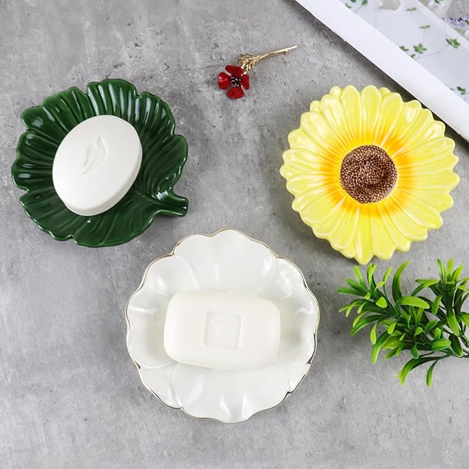 Elegant Bathroom Soap Dish,Ceramic Soap Dish Holder in Palm Leaf Style,Self-Draining Design for Bathroom