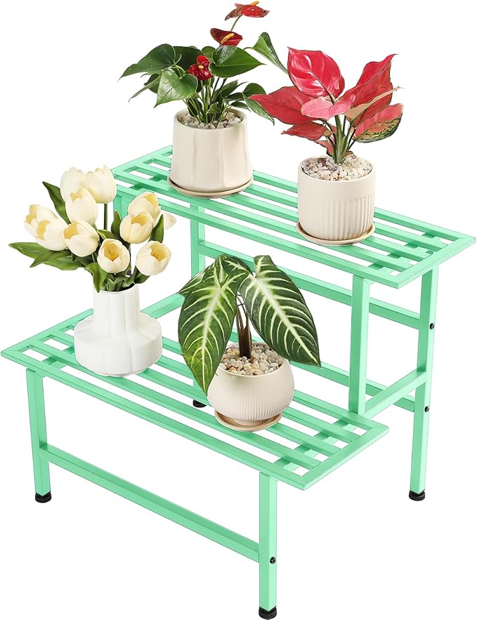 Dipion Metal Plant Stand Outdoor Plant Shelf Indoor,2 Tier Heavy Duty Ladder Plant Stands for Multiple Plants,26" L x 20.25" H x 17.75" W,Mint Green