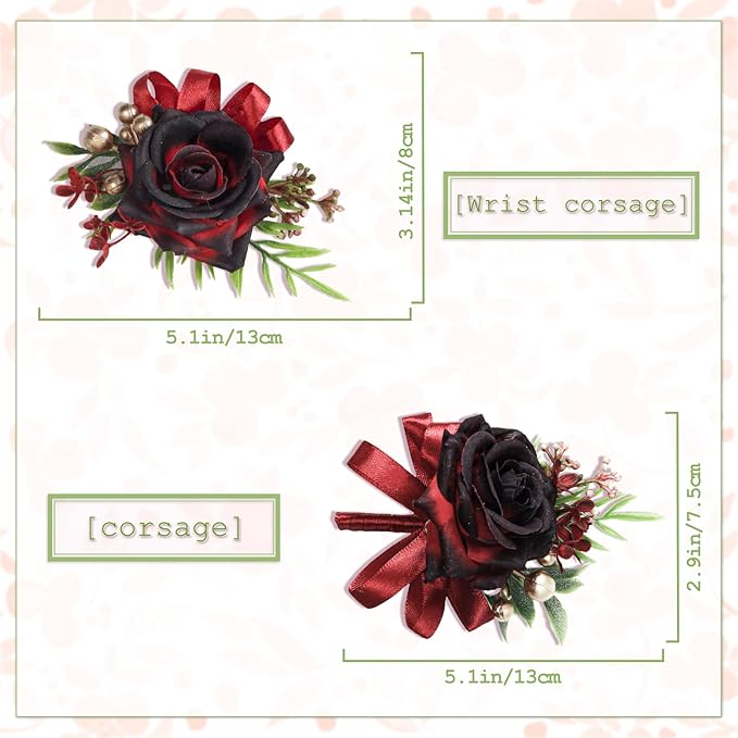 2 Pcs Wine Red Rose Wrist Corsage and Boutonniere Set, Rose Corsage Hand for Women, Boutonniere for Men Wedding Artificial Flowers Accessories Prom Decor, Christmas Party Accessories (Wine Red)