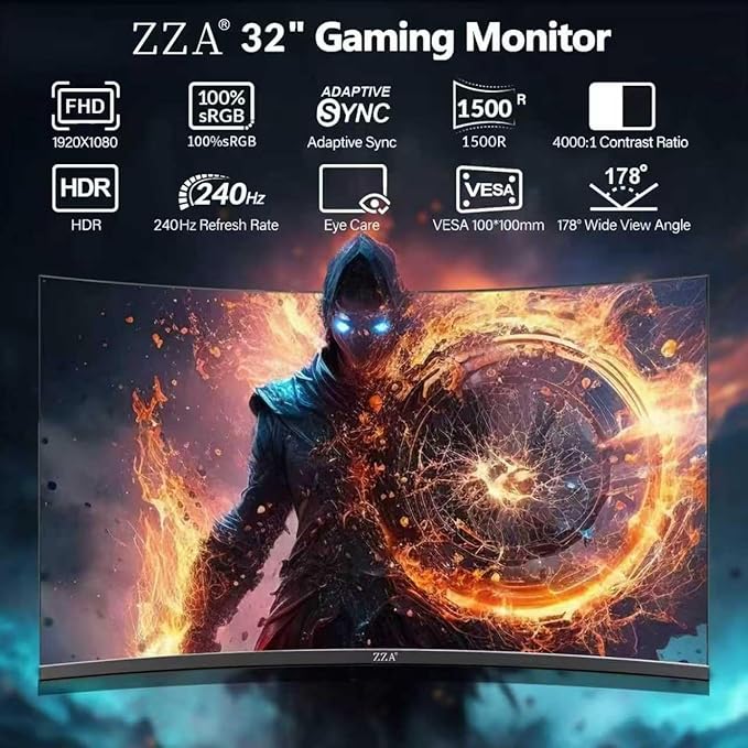 ZZA 32 Inch Curved Gaming Monitor 240Hz Curved Monitor Computer Monitor-HDMI DP USB Headphone Ports,1080p 1K FHD Ultra Slim Curved Screen with Wide Angle,High Refresh Rate Immersive PS5 Xbox PC Gaming