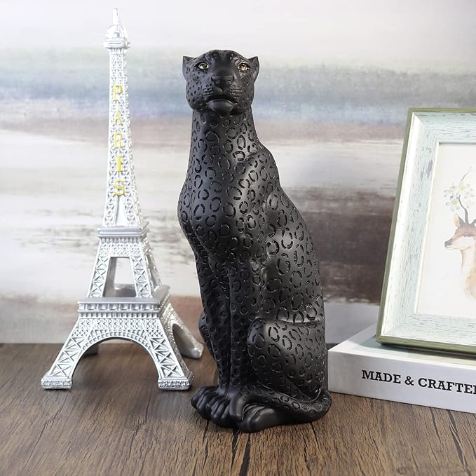 Cheetah Statue Black Panther Black Leopard Statue 11”H Resin Modern Animal Sculpture Figurine Desktop Table Top Decoration for Home Office Decor