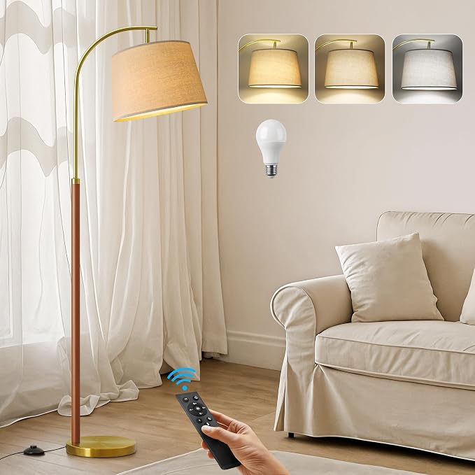 62.5" Gold Floor Lamp for Living Room Dimmable Standing Lamp with Remote & Foot Switch, 3 Color Temperatures Arc Tall Lamp Wood Mid Century Modern Floor Lamps for Bedroom Office, 9W Bulb Included