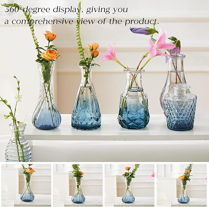 Glass Bud Vase Set of 20 - Small Vases for Flowers in Bulk - Assorted Vintage Crystal Vases for Flowers, Table Centerpieces (Blue, 20 Pcs)