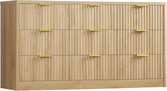 TEENFON Fluted Dresser for Bedroom with 9 Drawers, 63" Wide Modern Chest of Drawers with Metal Handle & Curved Profile Design, Wood Closet Clothes Storage Organizer for Living Room, Hallway, Natural