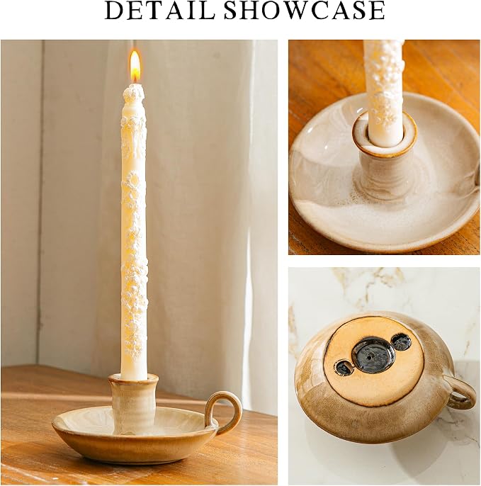 Candlestick Holder, Vintage Ceramic Candle Holder for Taper Candles, Spell Candles, and Incense, Farmhouse Candlelight Stand with Handle for Home, Dining Table, Halloween, Christmas Decor