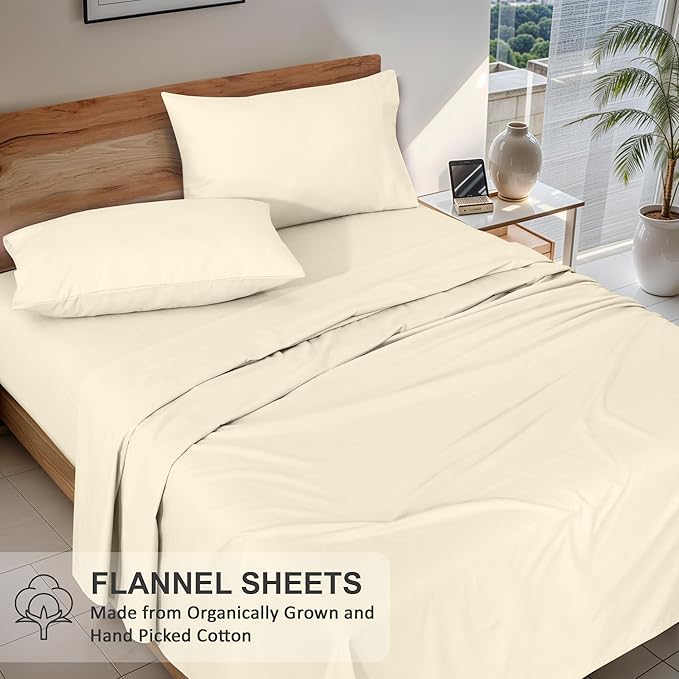 RUVANTI Flannel Sheets King Size - GOTS Certified 100% Organic Cotton, 4 Piece Warm, Soft & Breathable Set, Deep Pocket Snug Fit, Double Brushed Cozy All Season Bedding, Winter White