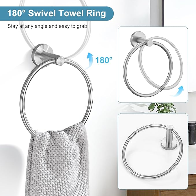 TQKAG Brushed Nickel Bathroom Hardware Set 6-Piece Bathroom Accessory Set 23.6 Inch Round Stainless Steel Towel Bar Set Wall Mounted