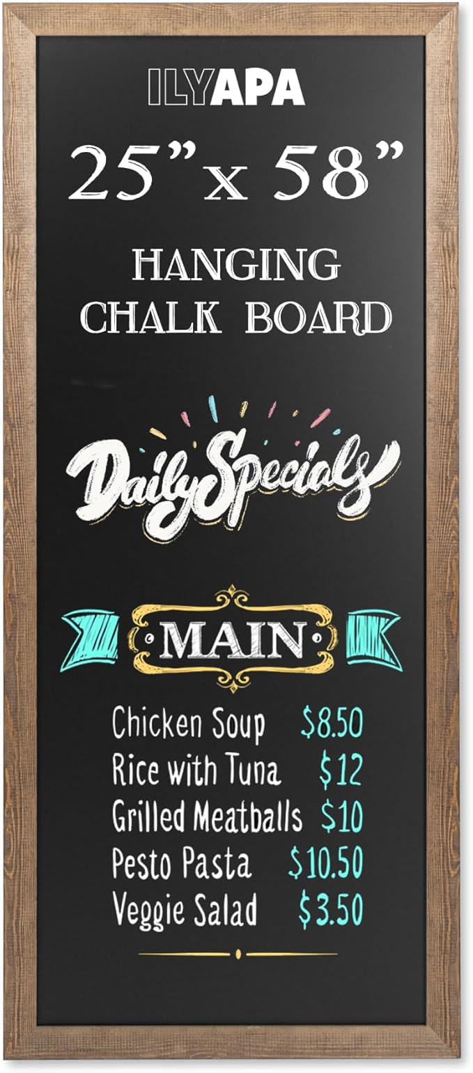 Ilyapa Extra Large Black Magnet Board for Wall - 58 x 25 Inch Wood Wall Hanging Menu for Restaurant, Food Truck, Kitchen or First Day, Barnwood Color