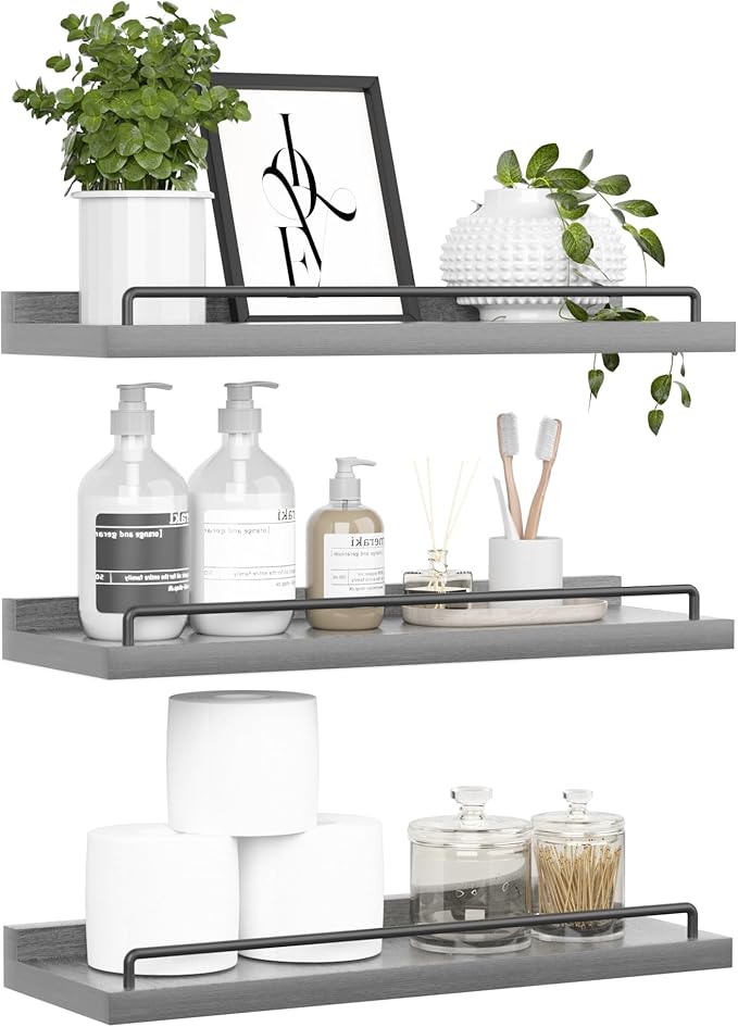 RYOFOBETTO Floating Shelves for Wall Decor, Grey Shelves for Bathroom, Living Room, Bedroom, Picture Frames, Plants, Kitchen (Set of 3)