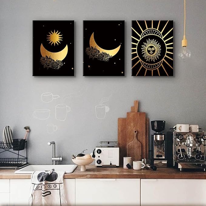 Tarot Canvas Wall Art Abstract Sun Moon Phases Floral Print Poster Black Gold Aesthetic Art Astrology Pictures Artwork Vintage Paintings Decor for Bedroom Living Room Home Decoration 12x16” Set of 3