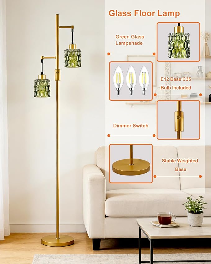 Lightdot 65IN Industrial Gold Floor Lamp for Living Room, 2- Light Green Glass Floor Lamps with Warm White Bulbs, Modern Farmhouse Tree Standing Tall Lamp with 5Lbs Heavy Base for Bedroom Home Office