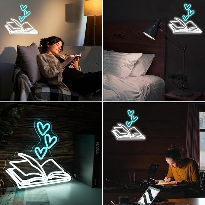 Book Neon Sign for Wall Decor, Reading Book Neon LED Light, Reading Signs for Library, Reading Corner Decor, Bookstore Reading Room Library Museum Study Room Birthday Bedroom-14"x13.7"