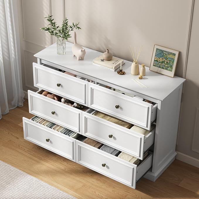 White Dressers for Bedroom, Modern 6 Drawer Dresser with Deep Drawers, Wooden Chest of Drawer and Bedroom Closet Dressers for Living Room, Entryway, Hallway