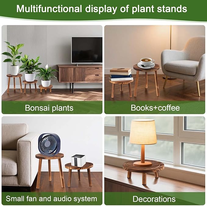 3-Pack Wood Plant Stands Indoor Outdoor, Mid-Century Modern Wooden Plant Stool for 6-11 Inch Pots, Tall Corner Plant Shelf Flower Pot Holder Table for Living Room, Balcony, Patio Decor