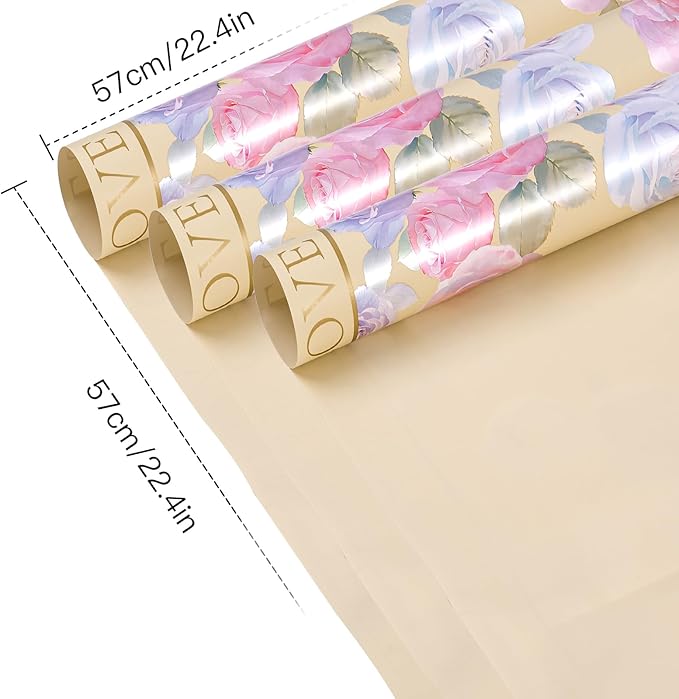 WRAPAHOLIC 20 Sheets Champagne Flower Wrapping Paper - 22.4 x 22.4 inch Rose Design Water-Resistant Floral Bouquet Wrapping Paper, Florist Supplies Packaging for Wedding Birthday Gift DIY