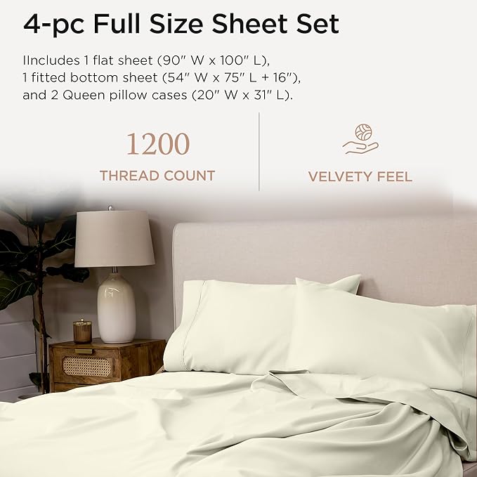 Threadmill Luxury Supima Cotton Sheets, Luxury 1200 Thread Count Soft 100% Cotton Sheets for Full Size Bed, 4 Pc Ivory Bed Sheets Full Set, 5-Star Hotel Quality Deep Pocket Bed Sheets Set