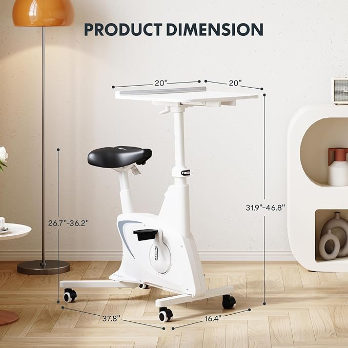 FLEXISPOT 3-in-1 Small Standing Desk with Wheels Exercise Bike Small Computer Desk for Laptop, Adjustable Height,2D Desktop,8-Level Resistance, Home Office Desks Workstation for Corner, White