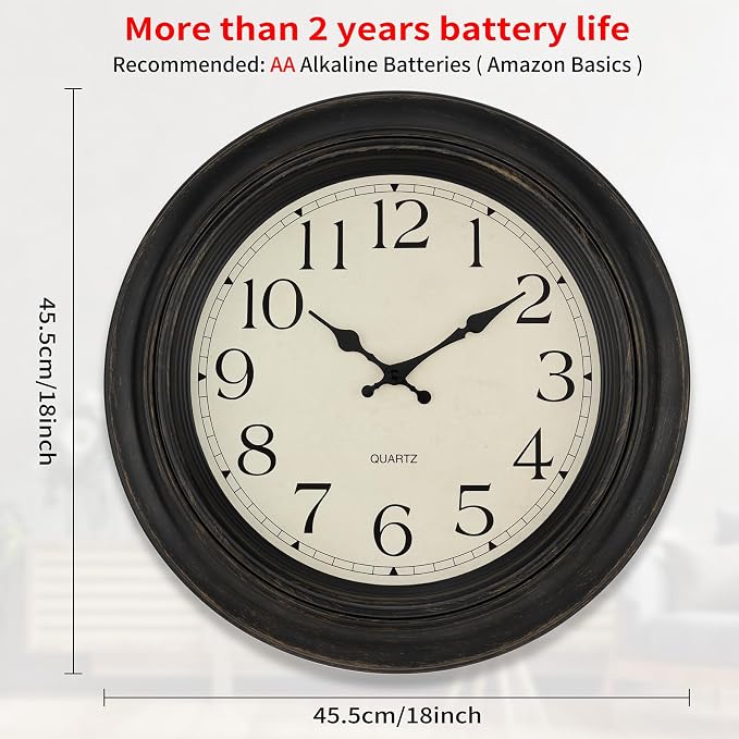 Foxtop Large Wall Clock 18 Inch Silent Non Ticking Battery Operated Classic Vintage Retro Wall Clock Decorative for Living Room Kitchen Home Office (Bronze)