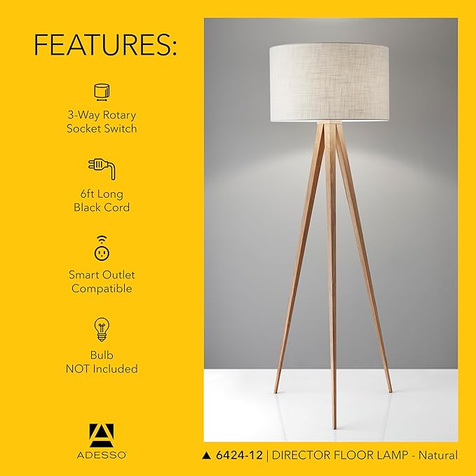 Adesso Floor Lamp with Natural Oak Veneer and Off-White Fabric Lampshade – 3-Way Adjustable Brightness, Lamp for Bedroom, Living Room, and House Décor, 60.25” x 21”