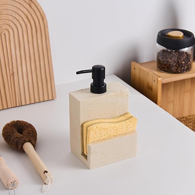 Beige Travertine Soap Dispenser with Sponge Holder – Marble Look Hand & Dish Resin Soap Pump Bottle for Kitchen & Bathroom, 2-in-1 Countertop Organizer, with 2 Natural Sponges (Luxury Home Decor)