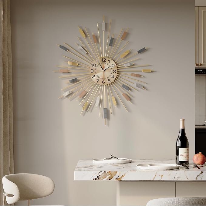 Cuspin Large Wall Clock 24 Inch, Colorful Gold Clocks for Living Room Decor, Decorative Mid Century Modern Sunburst Battery Operated Wall Clock for Bedroom, Kitchen, Office