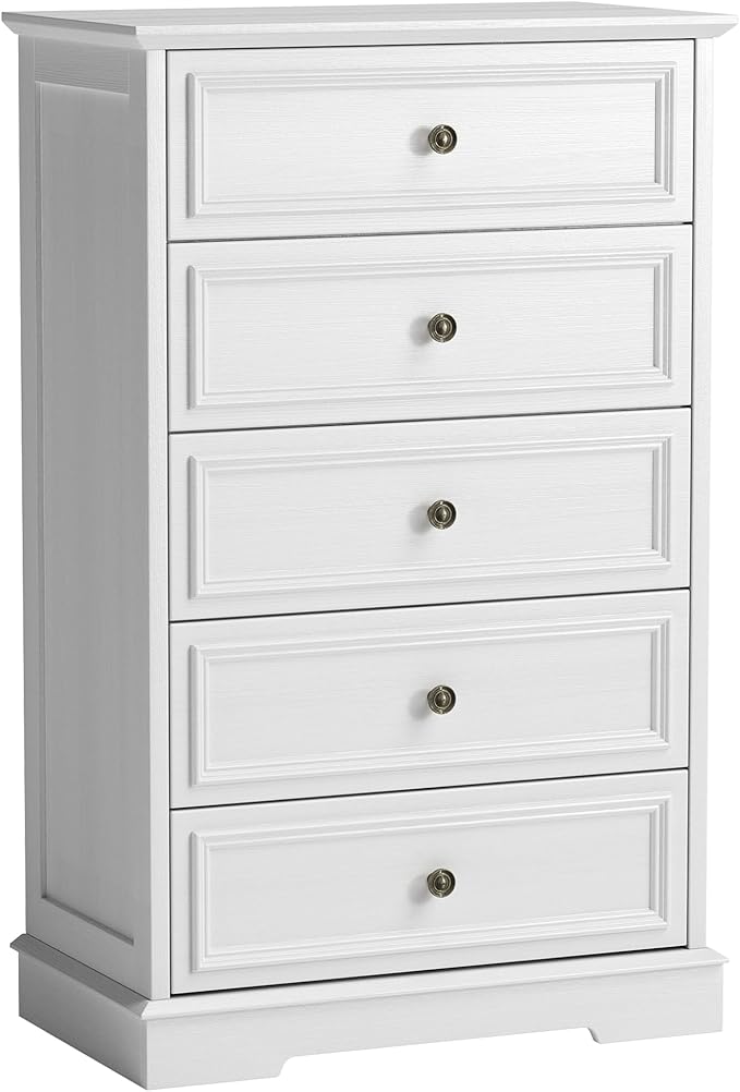 White Dresser for Bedroom, 44" Tall 5 Drawer Dresser, Wooden Chest of Drawers with Large Storage, Vertical Dressers for Closet, Living Room, Hallway
